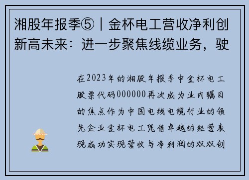 湘股年报季⑤｜金杯电工营收净利创新高未来：进一步聚焦线缆业务，驶向行业巅峰