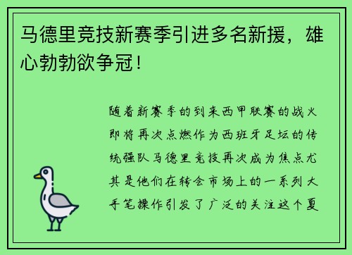 马德里竞技新赛季引进多名新援，雄心勃勃欲争冠！